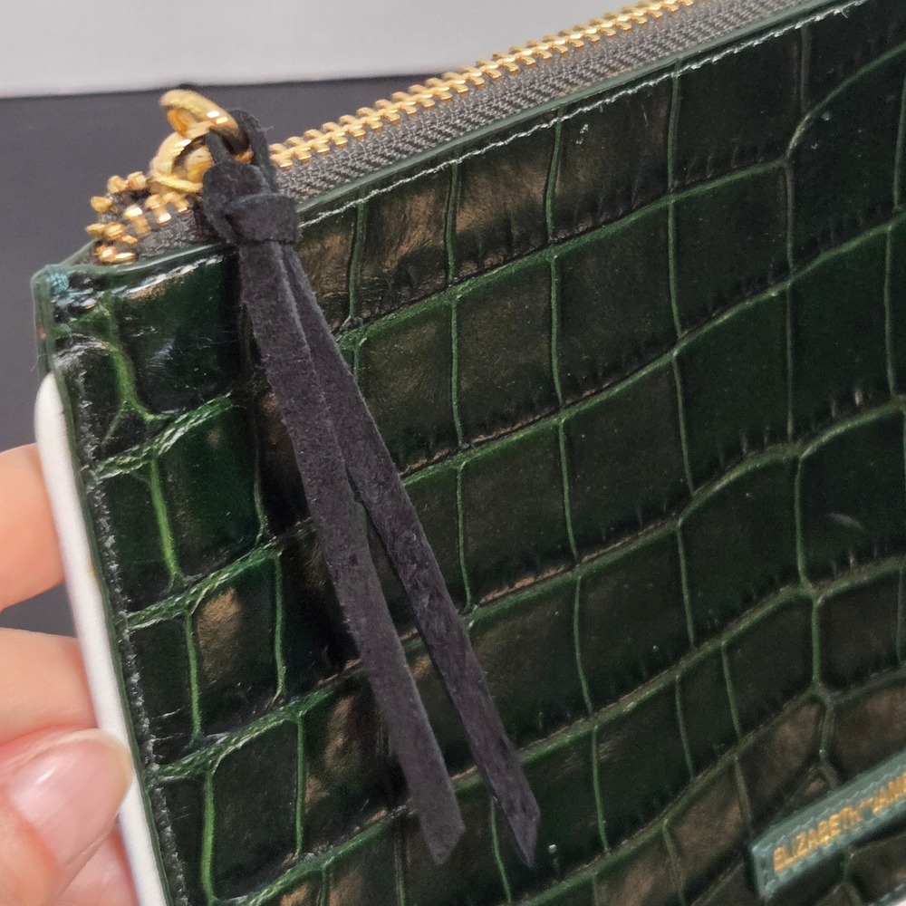 Elizabeth & James Pouch 9x6.5 Green Croc Embossed Leather Zip Clutch white Edge